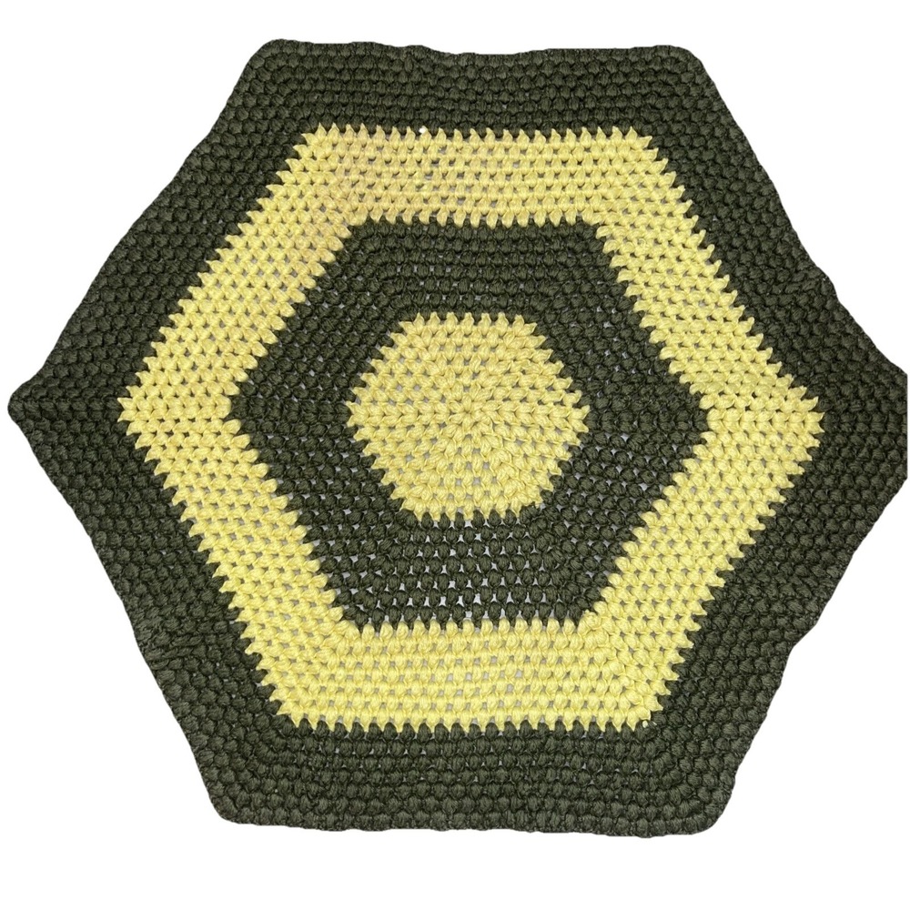 Vintage Granny Retro MCM Knit Crochet Afghan Rug Table Cover Decor Green Yellow
